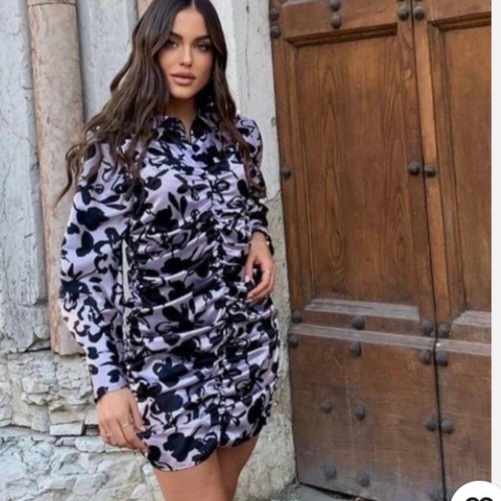 ZARA Blogger Satin Effect Lavender & Black The Dita Dress Floral Print Sz L NWT